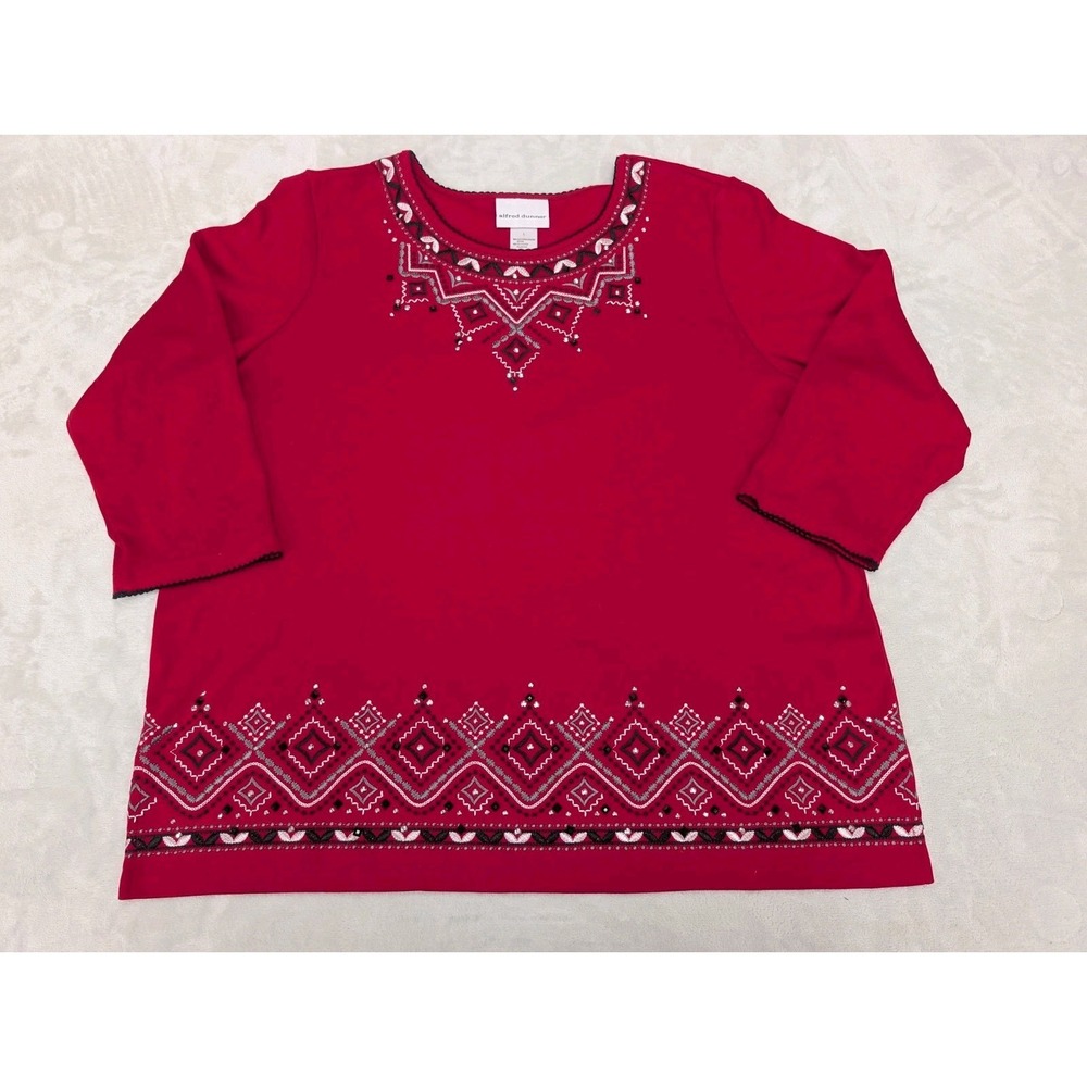 Alfred Dunner Women Large Top Red Beaded Embroidered 3/4 Sleeves Blouse Stretch